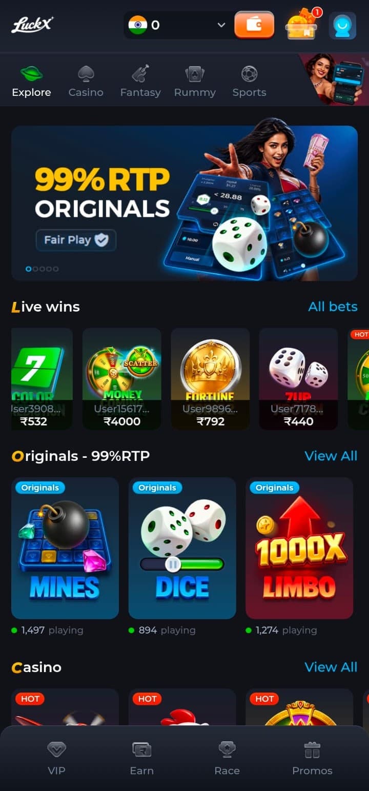 Luckx apk Explore tab with Originals, Live wins and Fair Play games