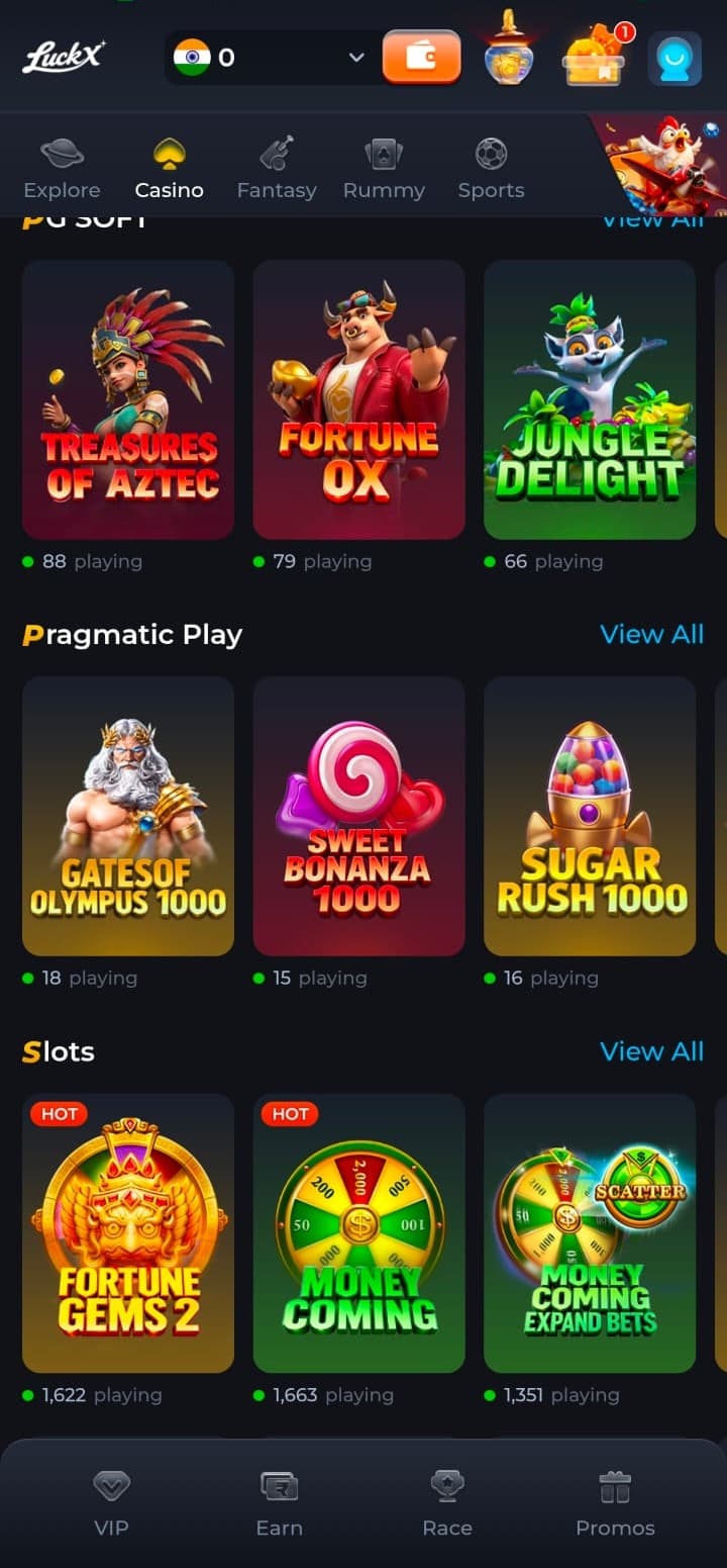 Luck X apk Casino tab with slots from PG Soft and Pragmatic Play
