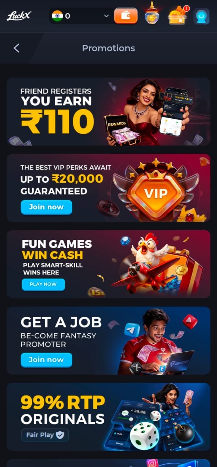 Luckx app Promotions page with referral, VIP and welcome bonuses